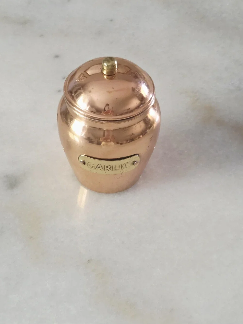 Vintage Copper Garlic Keeper Storage Jar + Lid, Brass Plaque, Ventilation Holes